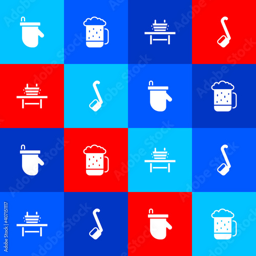 Set Sauna mittens, Wooden beer mug, bench with bucket and ladle icon. Vector.