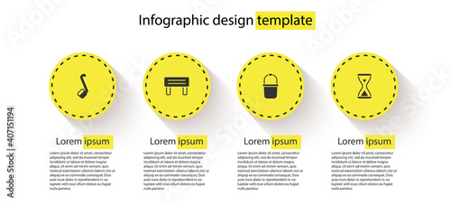 Set Sauna ladle, wood bench, bucket and hourglass. Business infographic template. Vector.