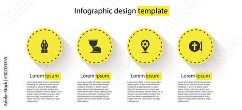 Set Hands in praying position, Holy grail or chalice, Star of David and Christian cross. Business infographic template. Vector.