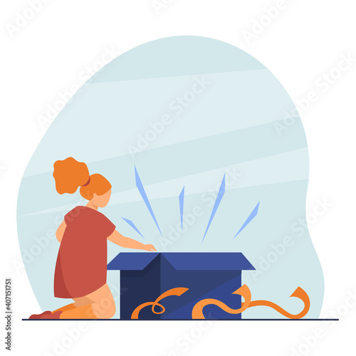 Girl getting shining gift out of box. Present, wrap, child, kid. Flat vector illustration. Birthday surprise, childhood, celebration concept for banner, website design or landing web page