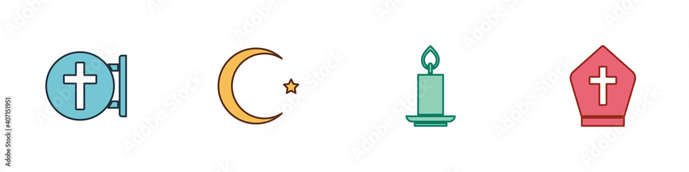 Set Christian cross, Star and crescent, Burning candle and Pope hat icon. Vector. Set Christian cross, Star and crescent, Burning candle and Pope hat icon. Vector.