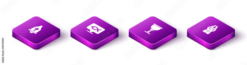 Set Isometric Church bell, Christian fish, Holy grail or chalice and Hands in praying position icon. Vector. Set Isometric Church bell, Christian fish, Holy grail or chalice and Hands in praying position icon. Vector.