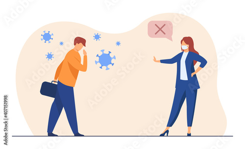 Business colleagues keeping social distance. Covid infected person, meeting in mask. Flat vector illustration. Coronavirus, epidemic concept for banner, website design or landing web page