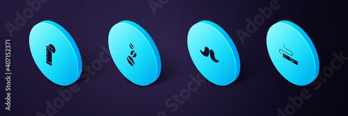 Set Isometric Cigar, Mustache, Coffee beans and Tequila glass with lemon icon. Vector.