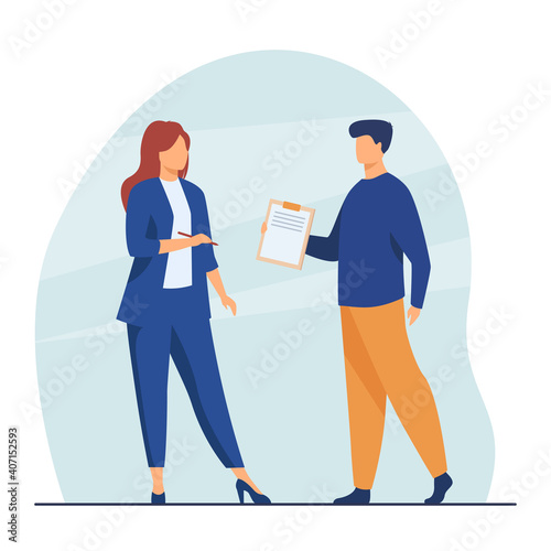 Manager giving document to female boss for signing. Leader, male assistant, agreement. Flat vector illustration. Contract, business, paperwork concept for banner, website design or landing web page photo