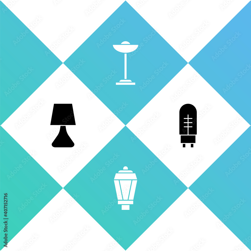 Set Table lamp, Garden light, Floor and Light emitting diode icon. Vector. Set Table lamp, Garden light, Floor and Light emitting diode icon. Vector.