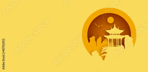 Paper Cut style, Silhouette of Chinese pavilion on the mountain at sunset, Vector