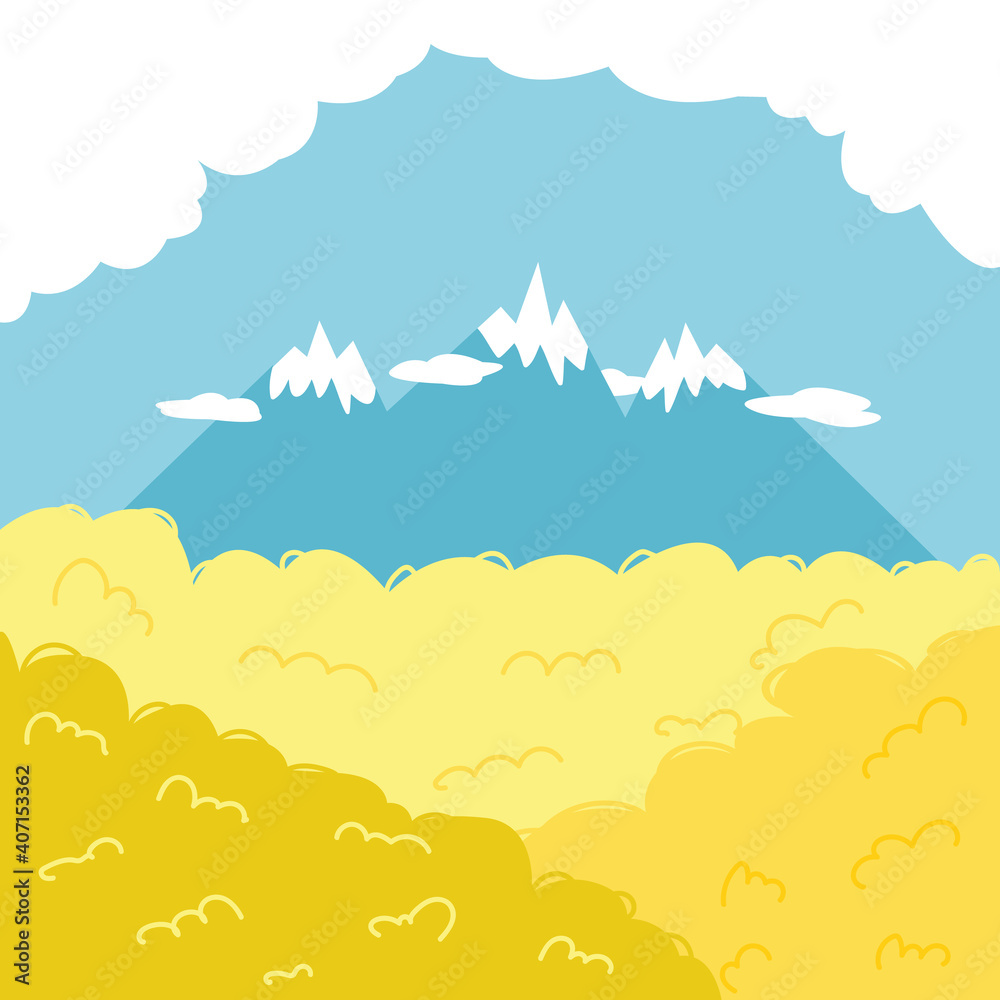 Field of yellow flowers against a blue sky. Canola flowers and towering mountains with clouds. Illustration of the nature of drawing by hand.