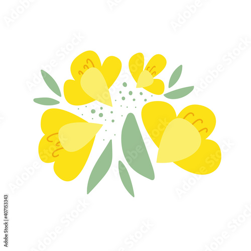 Canola on a white isolated background. Yellow hand-drawn bright flowers. Blooming design elements for postcards, banners. Beautiful buds in a flat style.