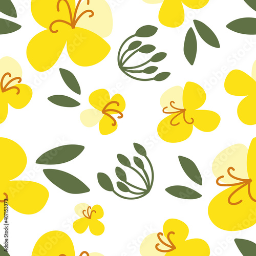 Canola flower pattern. Yellow hand-drawn bright flowers. Blooming design elements for postcards, banners. Beautiful buds in a flat style.