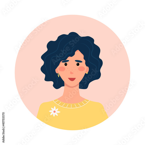 woman avatar, portrait of a young curly-haired brunette. A short-haired female in a yellow jumper with a brooch. Vector illustration. Flat.