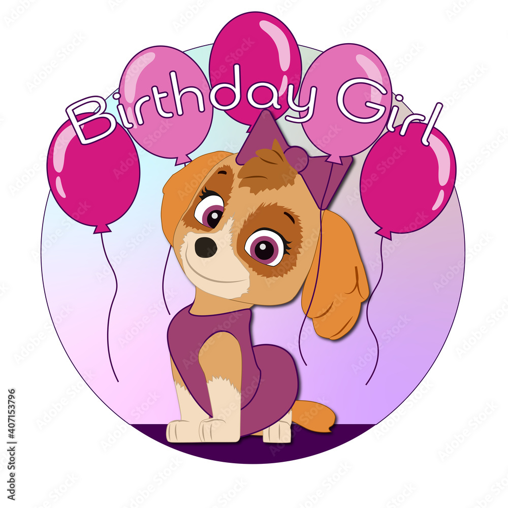 Paw Patrol Skye card for birthday girl. Kids cartoon character. Puppy. Pink  balloons. Happy Birthday! Stock Vector