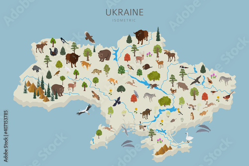 Isometric 3d design of Ukraina wildlife. Animals, birds and plants constructor elements isolated on white set. Build your own geography infographics collection
