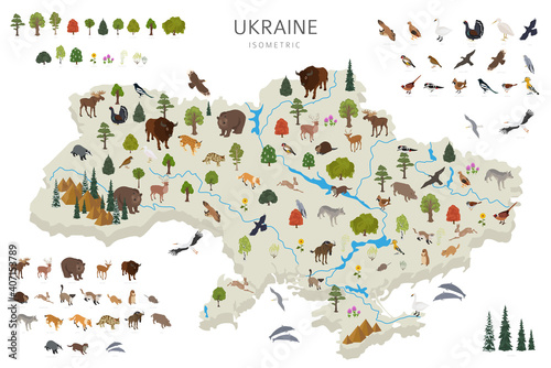 Isometric 3d design of Ukraina wildlife. Animals, birds and plants constructor elements isolated on white set. Build your own geography infographics collection.