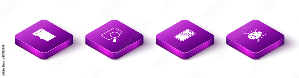Set Isometric Micro SD memory card, Phone repair service, Mobile with broken screen and System bug icon. Vector. Set Isometric Micro SD memory card, Phone repair service, Mobile with broken screen and System bug icon. Vector.