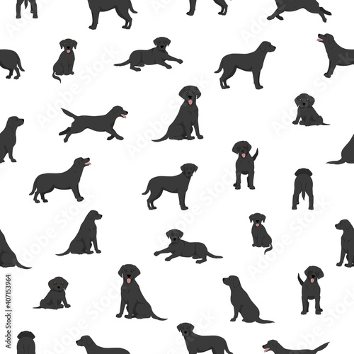 Labrador retriever dogs in different poses and coat colors. Seamless pattern.