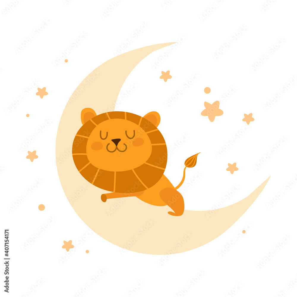 
sleeping lion on the moon on the white background