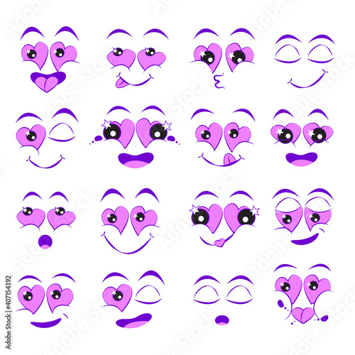 Facial expressions set. Caricature of lovers cartoon faces. Isolated vector illustration icons.