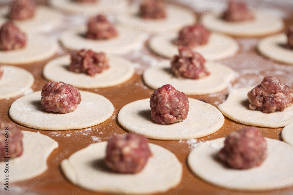 Dumplings making process, dough and minced meat Dumplings making process, dough and minced meat