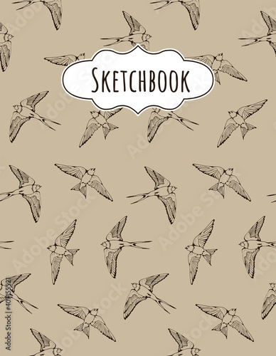 Swallow vector seamless background, sketchbook illustration with hand drawn bird isolated on beige background