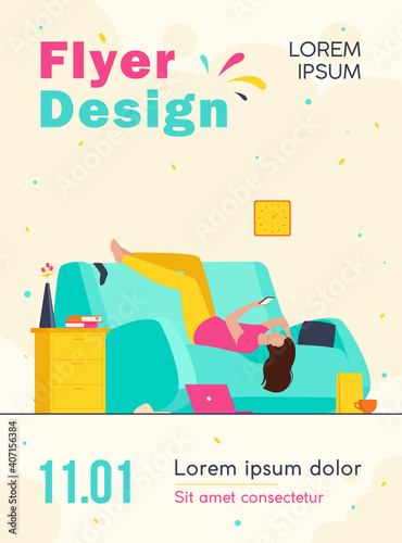 Lazy depressed woman resting in couch with smartphone after making mess at home. Vector illustration for depression, addiction, apathy, fatigue concept