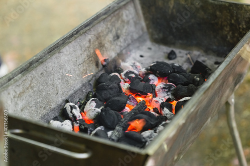 Hot burning charcoal, preparing barbeque grill
