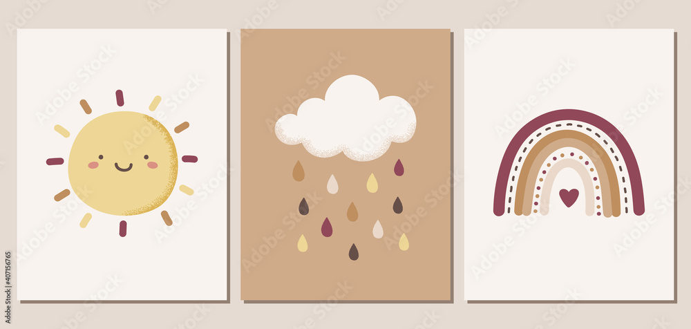 Set of weather themed vector illustrations in earthy colors. Cute sun ...