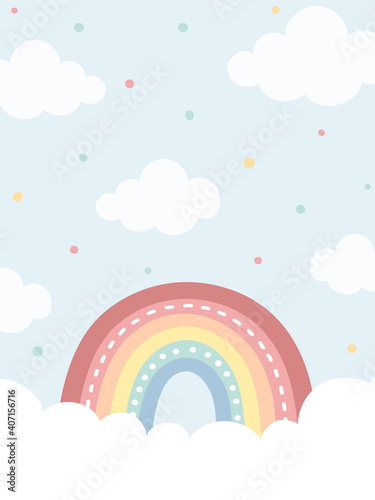 Fototapeta Naklejka Na Ścianę i Meble -  Sky background with rainbow and clouds in pastel colors. Hand drawn rainbow and clouds. For web banner, poster, wall paper, cards, and more.