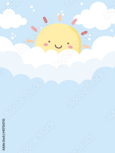 Sky background with cute sun and clouds in pastel colors. Hand drawn sun and clouds. For web banner, poster, wall paper, and more.