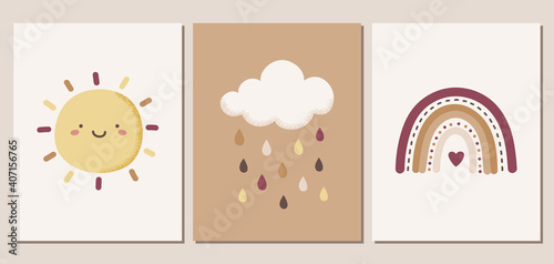 Set of weather themed vector illustrations in earthy colors. Cute sun, cloud, raindrops, and rainbow. For nursery decor, posters, banners, greeting cards, and more.