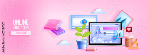 Online studying, digital school, classes, education training, e-learning vector web banner with laptop screen. Video webinars, tutorials, remote lectures. Online education home office illustration