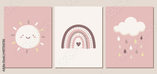Set of weather themed vector illustrations in blush pink colors. Cute sun, cloud, raindrops, and rainbow. For nursery decor, posters, banners, greeting cards, and more.