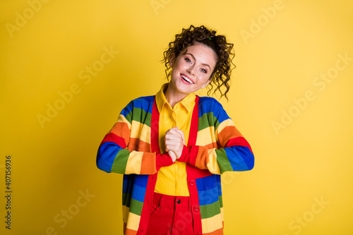 Oh dear it sweet. Positive girl feel grateful wear rainbow clothes isolated bright shine color background