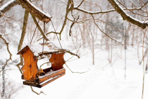 Feeders for birds. Winter landscape. Support of birds in the winter.