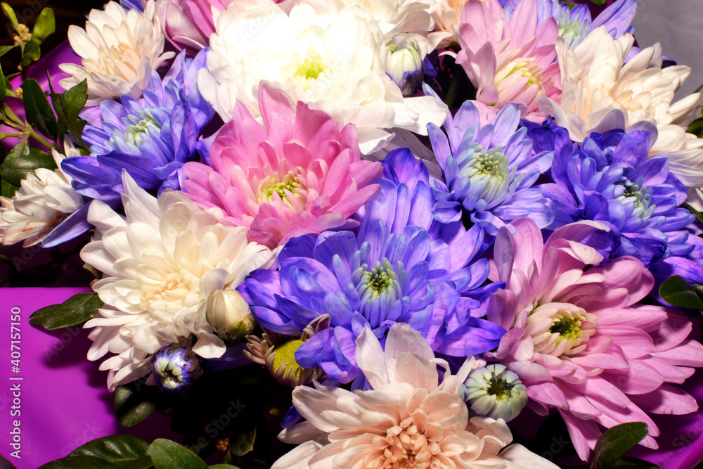 Bouquet of multicolored chrysonhemums close up