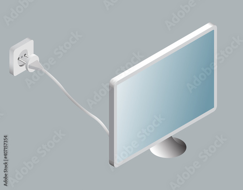 Computer monitor with power socket in isometric style.