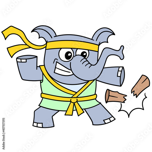 elephant beast is practicing karate breaking wood, doodle draw kawaii. vector illustration art