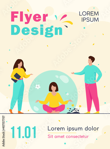 Person keeping social distance and avoiding contact. Woman separating from crowd and meditating in transparent bubble. Vector illustration for solitude or isolation concept