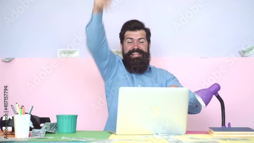 Online gaming casino. Winning. Excited man with laptop and money. Playing game poker.