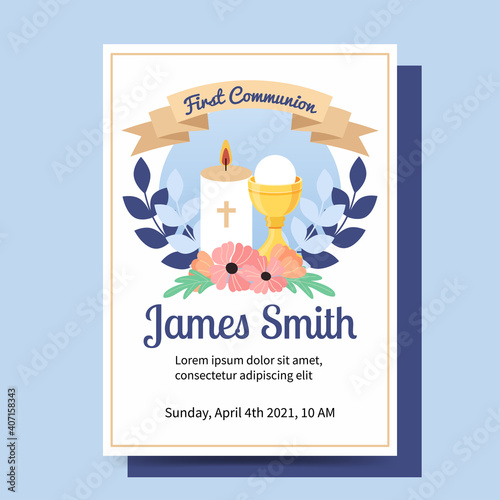 First communion baptism for boy invitation template. Cartoon style flat vector design of sacrament and candle.