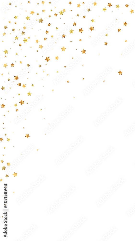 Gold stars random luxury sparkling confetti. Scattered small gold particles on white background. Elegant festive overlay template. Unique vector background.