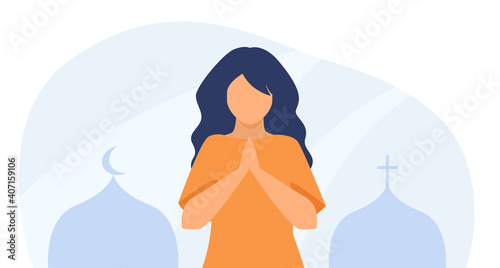 Woman praying between Orthodox church and mosque. Prayer, cross, crescent. Flat vector illustration. Multicultural country, religious freedom concept for banner, website design or landing web page