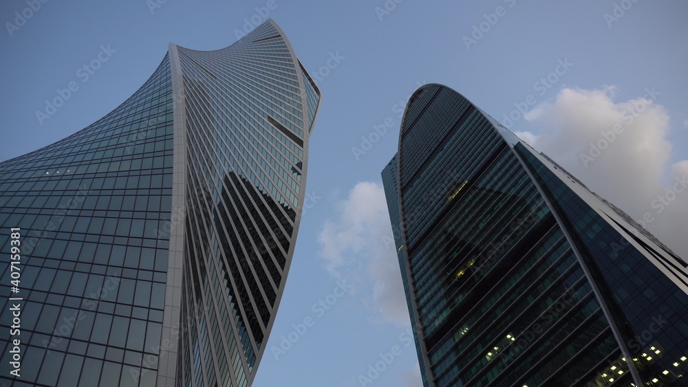 Two newly built skyscrapers. Skyscrapers are in Moscow city. View from below.