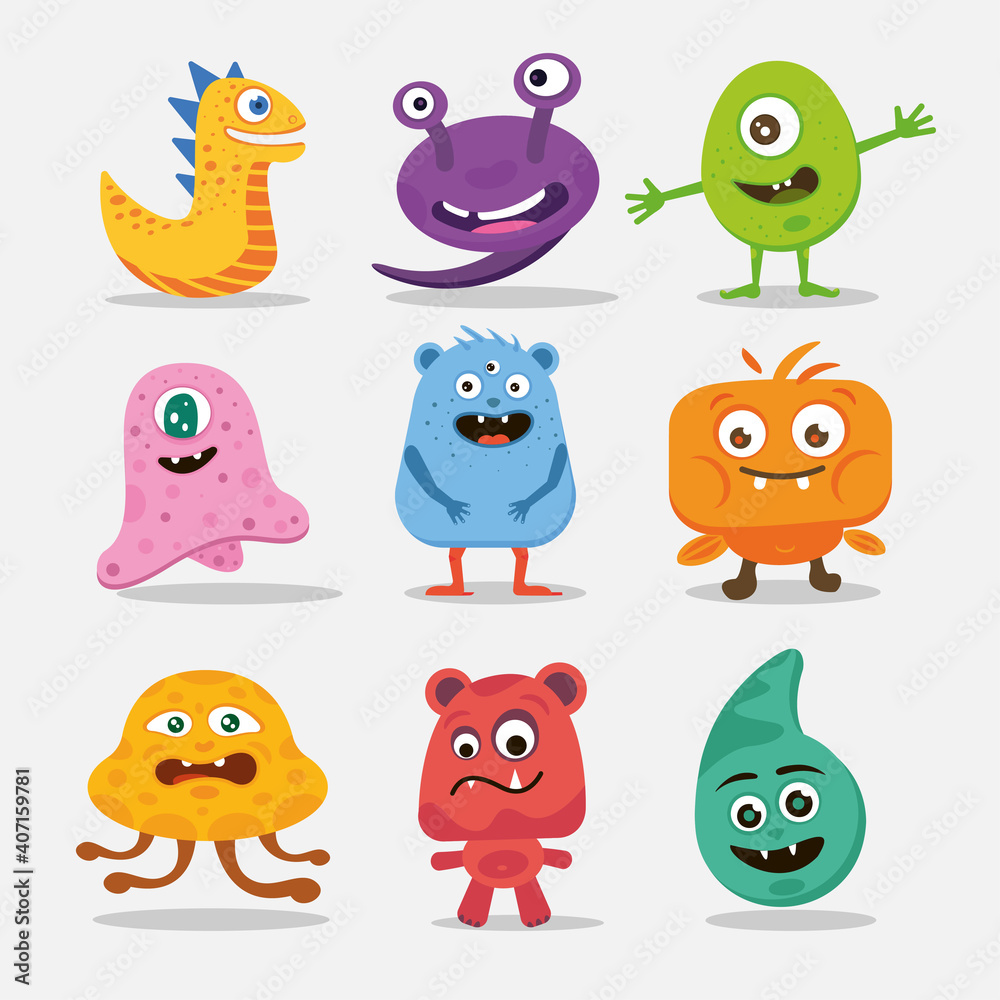 A collection of diverse cute monsters. Colorful funny creatures. A collection of diverse cute monsters. Colorful funny creatures.