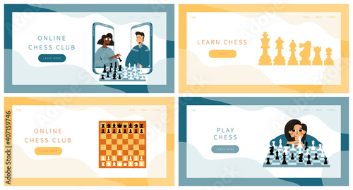 Chess game landing pages set. Two people plays chess online from smartphones. Girl sitting with chessboard and chess figures. Wood checkered chess board with chess pieces.