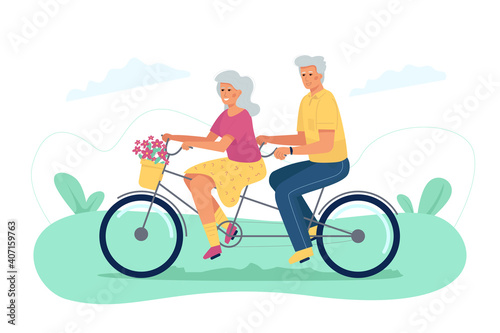 An elderly man and a woman ride a bicycle. Romantic leisure and active lifestyle for pensioners.