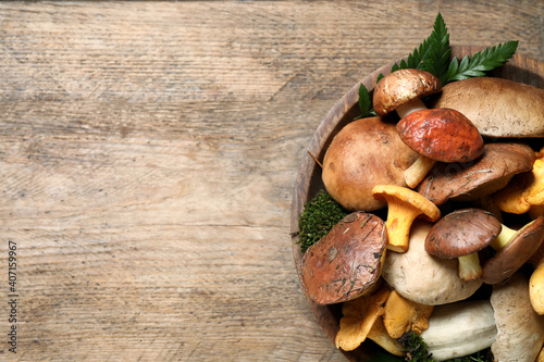 Bowl with different mushrooms on wooden table, top view. Space for text