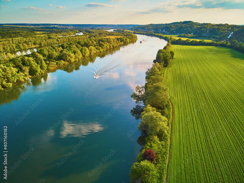 Scenic aerial view of the Seine river and green fields in French countryside Stock Photo Adobe