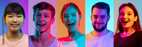 Collage of portraits of young emotional people on multicolored background in neon. Concept of human emotions, facial expression, sales. Laughting, smiling, happy winners. Flyer for ad, offer