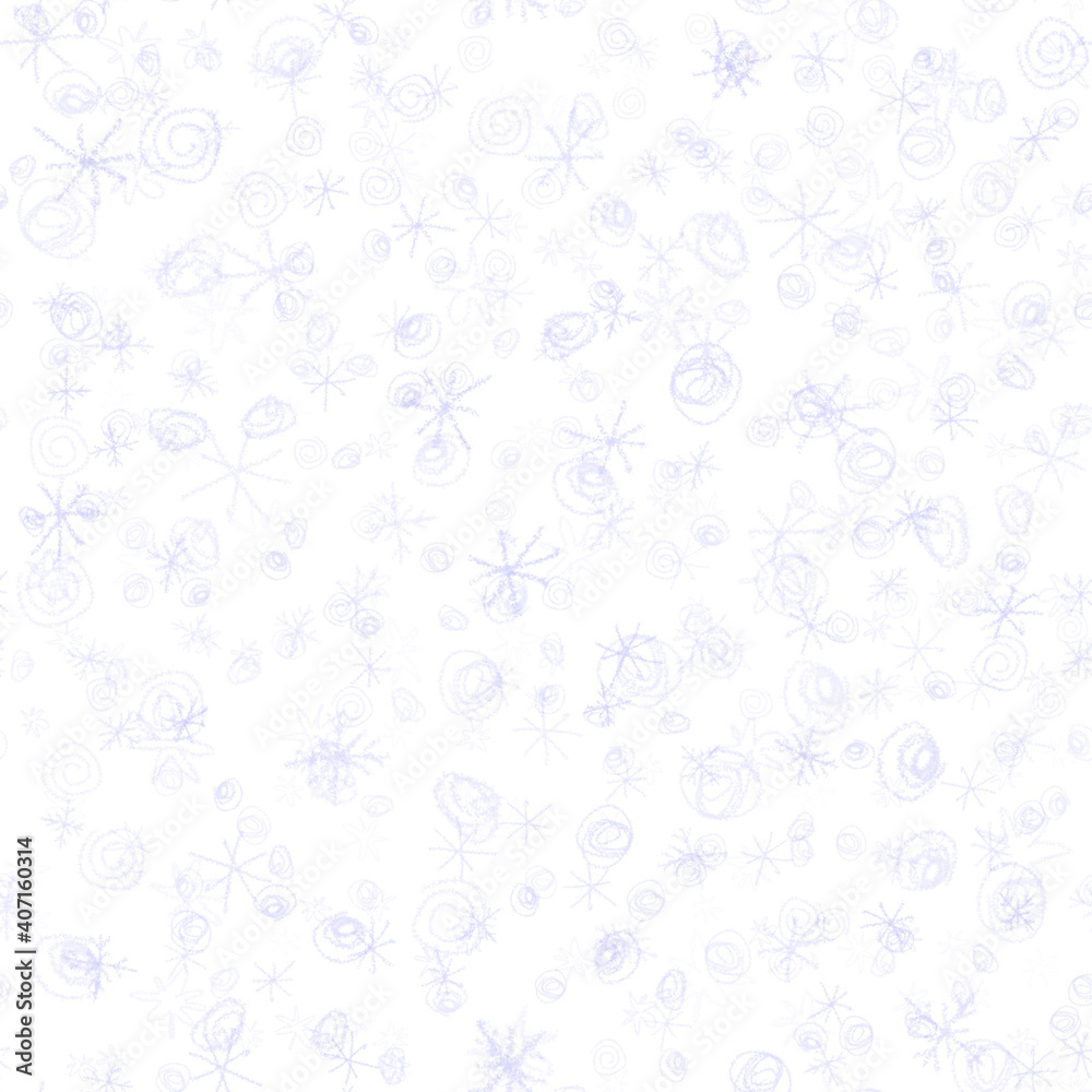 Hand Drawn blue Snowflakes Christmas Seamless Pattern. Subtle Flying Snow Flakes on white Background. Cute chalk handdrawn snow overlay. Favorable holiday season decoration.